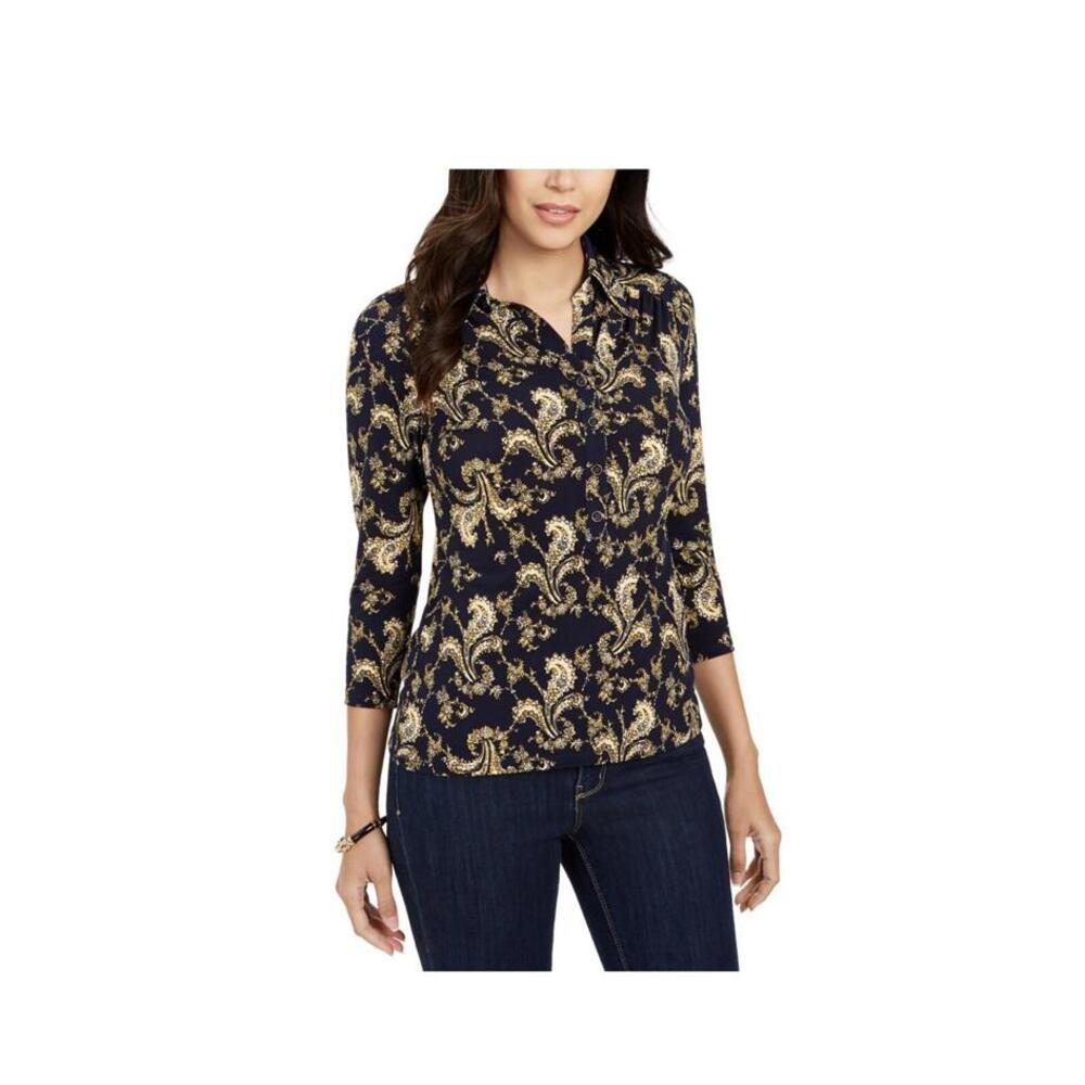 Charter Club Womens Petite Sz PXS Paisley 3/4 Sleeve  Collared Top Blouse NWOT